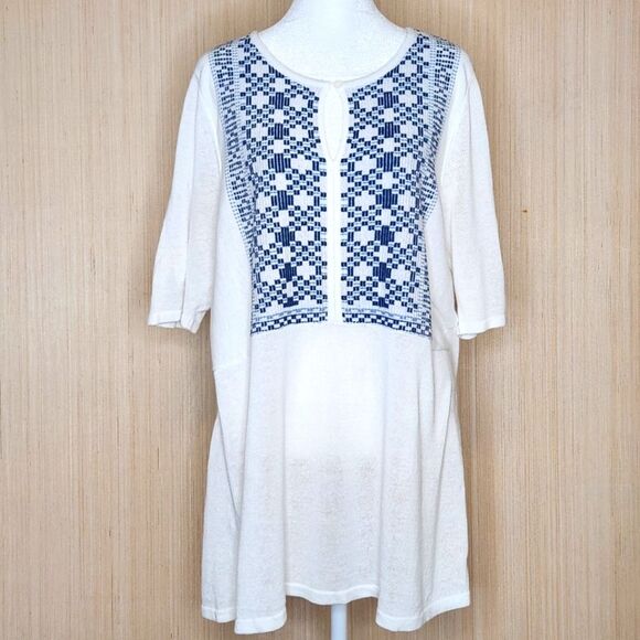 J. Jill Tops - J. Jill Embroidered Knit Tunic Top White Blue Linen Blend short Sleeve Women's L